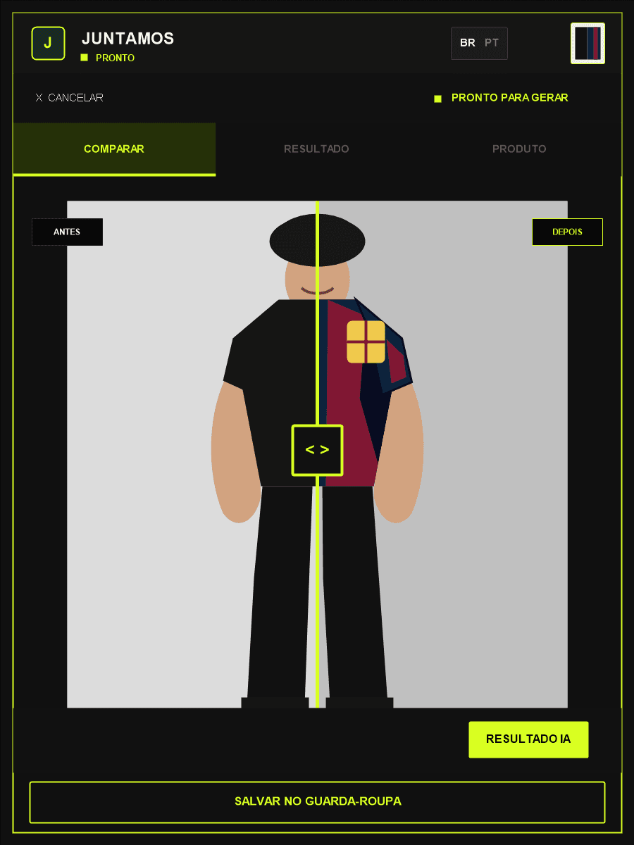 Resultado de IA mostrando comparativo antes e depois da roupa vestida